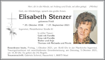 Traueranzeige von Elisabeth Stenzer von Allgäuer Zeitung, Kaufbeuren/Buchloe