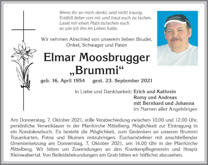  Traueranzeige für Elmar Moosbrugger vom 01.10.2021 aus Allgäuer Anzeigeblatt