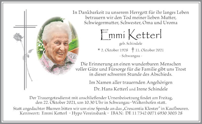 Traueranzeige für Emmi Ketterl vom 19.10.2021 aus Allgäuer Zeitung, Füssen