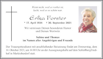 Traueranzeige von Erika Forster von Allgäuer Zeitung, Marktoberdorf