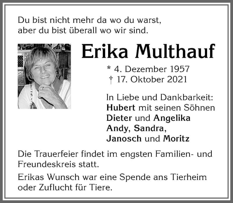  Traueranzeige für Erika Multhauf vom 26.10.2021 aus Allgäuer Zeitung,Kempten