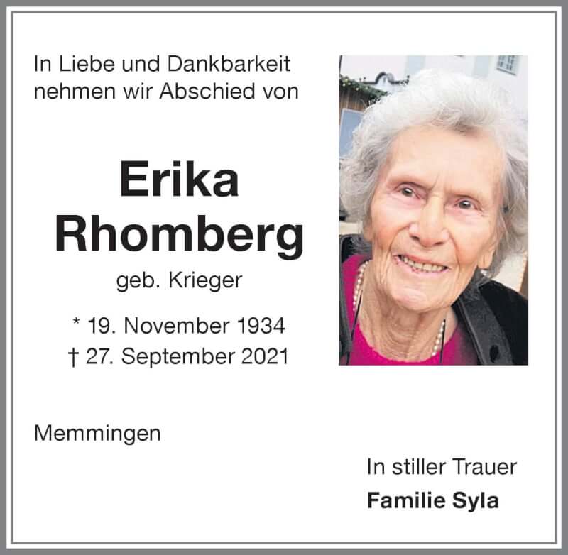  Traueranzeige für Erika Rhomberg vom 02.10.2021 aus Memminger Zeitung