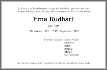 Traueranzeige von Erna Rudhart von Allgäuer Anzeigeblatt