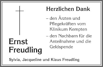 Traueranzeige von Ernst Freudling von Allgäuer Zeitung,Kempten