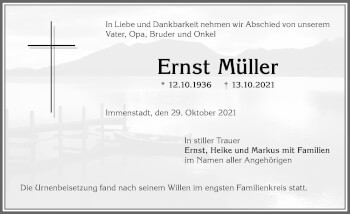 Traueranzeige von Ernst Müller von Allgäuer Anzeigeblatt