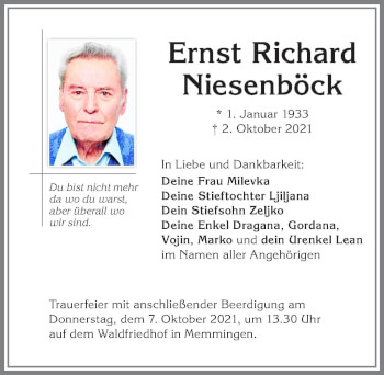 Traueranzeige von Ernst Richard Niesenböck von Memminger Zeitung