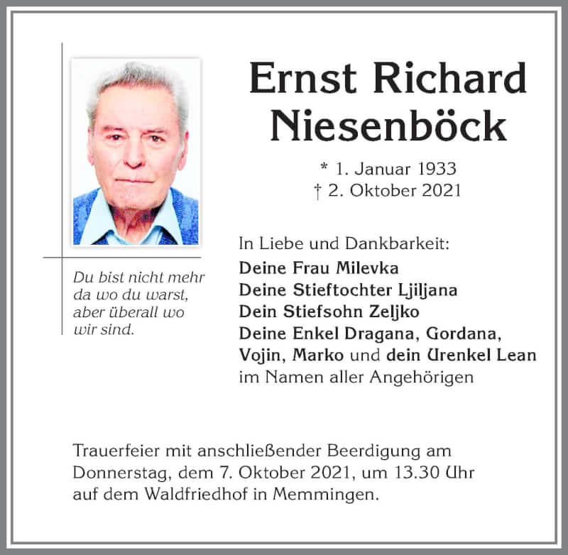  Traueranzeige für Ernst Richard Niesenböck vom 06.10.2021 aus Memminger Zeitung