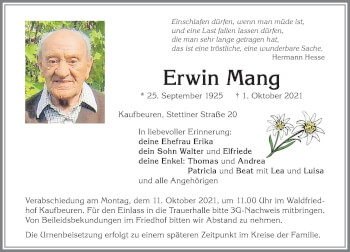 Traueranzeige von Erwin Mang von Allgäuer Zeitung, Kaufbeuren/Buchloe
