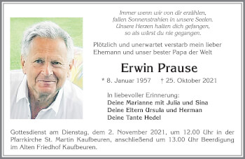 Traueranzeige von Erwin Prause von Allgäuer Zeitung, Kaufbeuren/Buchloe