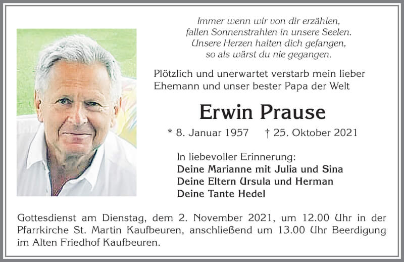  Traueranzeige für Erwin Prause vom 30.10.2021 aus Allgäuer Zeitung, Kaufbeuren/Buchloe