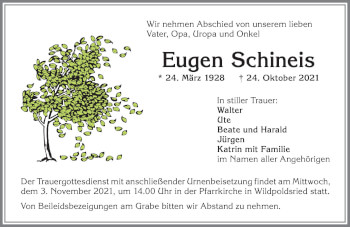 Traueranzeige von Eugen Schineis von Allgäuer Zeitung,Kempten