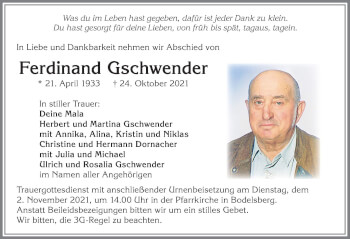 Traueranzeige von Ferdinand Gschwender von Allgäuer Zeitung,Kempten