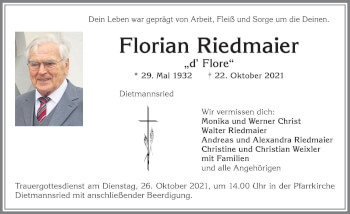 Traueranzeige von Florian Riedmaier von Allgäuer Zeitung,Kempten