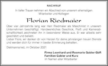 Traueranzeige von Florian Riedmaier von Allgäuer Zeitung,Kempten
