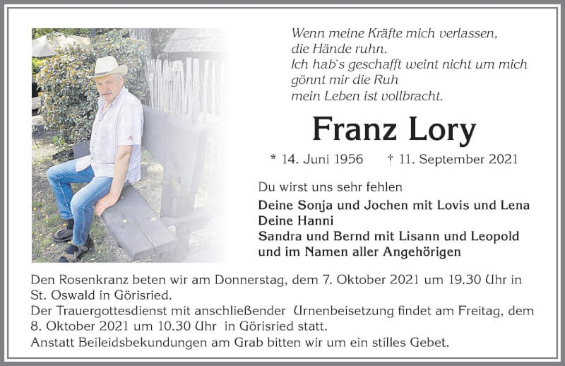  Traueranzeige für Franz Lory vom 02.10.2021 aus Allgäuer Zeitung, Marktoberdorf