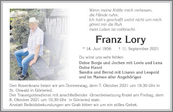 Traueranzeige von Franz Lory von Allgäuer Zeitung, Marktoberdorf