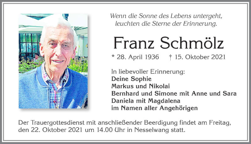 Traueranzeige für Franz Schmölz vom 19.10.2021 aus Allgäuer Zeitung, Füssen