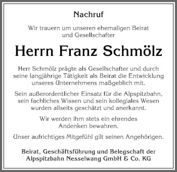 Traueranzeige von Franz Schmölz von Allgäuer Zeitung, Füssen