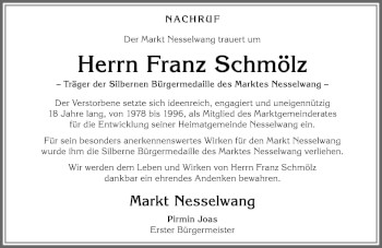 Traueranzeige von Franz Schmölz von Allgäuer Zeitung, Füssen