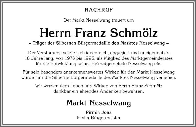  Traueranzeige für Franz Schmölz vom 20.10.2021 aus Allgäuer Zeitung, Füssen