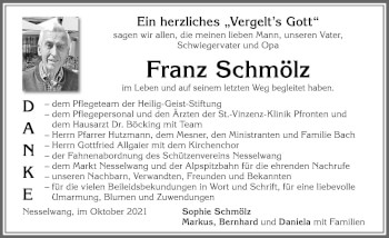 Traueranzeige von Franz Schmölz von Allgäuer Zeitung, Füssen
