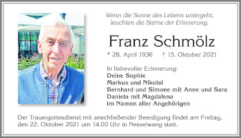 Traueranzeige von Franz Schmölz von Allgäuer Zeitung, Füssen