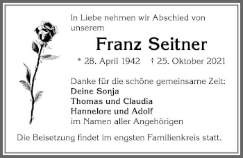 Traueranzeige von Franz Seitner von Allgäuer Zeitung,Kempten