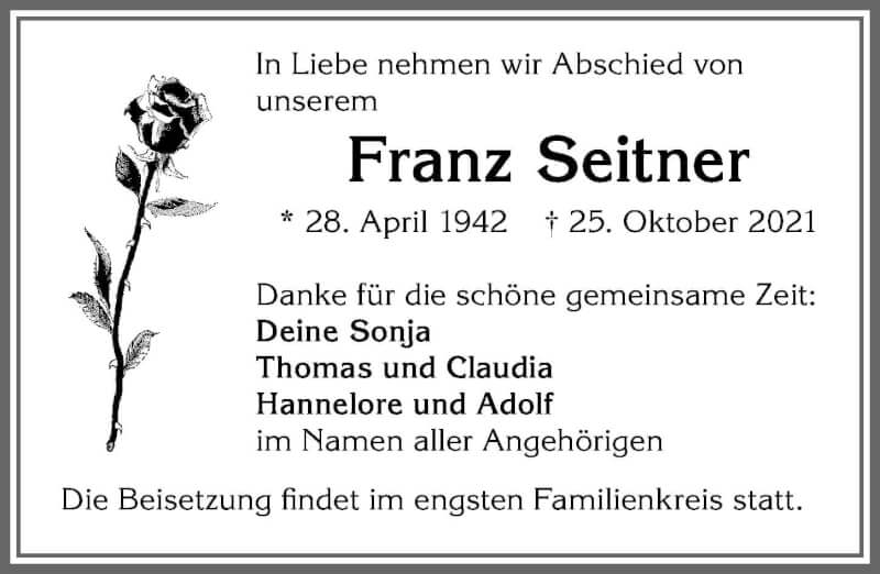  Traueranzeige für Franz Seitner vom 30.10.2021 aus Allgäuer Zeitung,Kempten