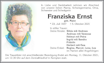 Traueranzeige von Franziska Ernst von Allgäuer Zeitung,Kempten