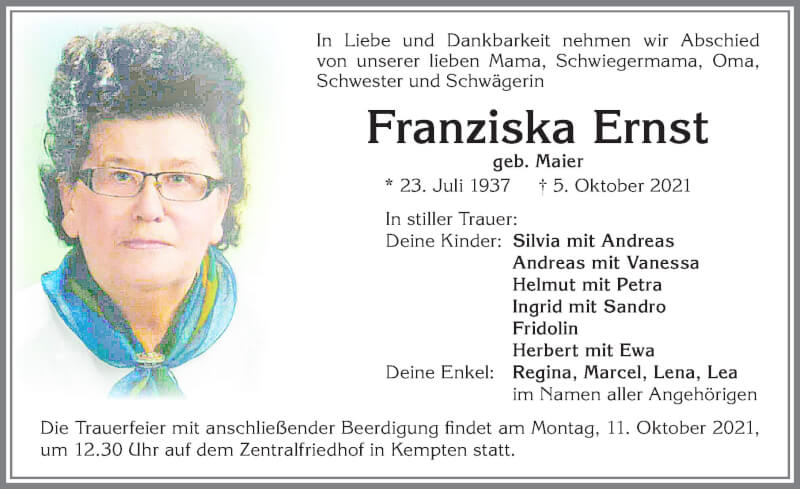  Traueranzeige für Franziska Ernst vom 09.10.2021 aus Allgäuer Zeitung,Kempten