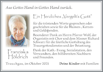 Traueranzeige von Franziska Höldrich von Allgäuer Zeitung, Füssen