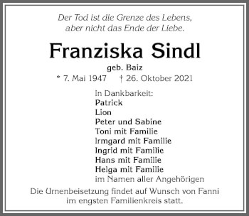 Traueranzeige von Franziska Sindl von Allgäuer Zeitung,Kempten