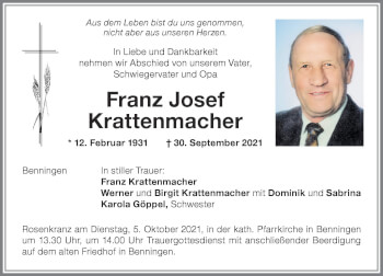 Traueranzeige von Franz Josef Krattenmacher von Memminger Zeitung