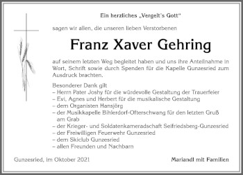 Traueranzeige von Franz Xaver Gehring von Allgäuer Anzeigeblatt