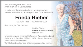 Traueranzeige von Frieda Hieber von Memminger Zeitung