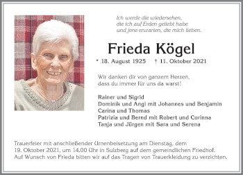 Traueranzeige von Frieda Kögel von Allgäuer Zeitung,Kempten