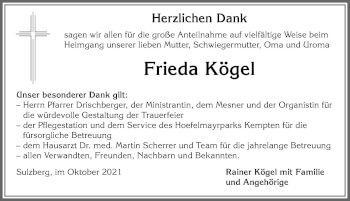 Traueranzeige von Frieda Kögel von Allgäuer Zeitung,Kempten