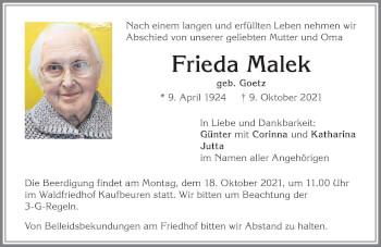 Traueranzeige von Frieda Malek von Allgäuer Zeitung, Kaufbeuren/Buchloe