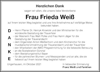 Traueranzeige von Frieda Weiß von Memminger Zeitung