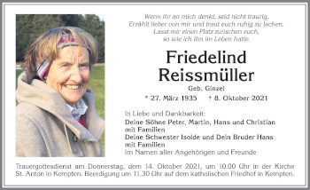 Traueranzeige von Friedelind Reissmüller von Allgäuer Zeitung,Kempten