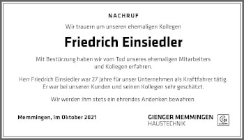 Traueranzeige von Friedrich Einsiedler von Memminger Zeitung