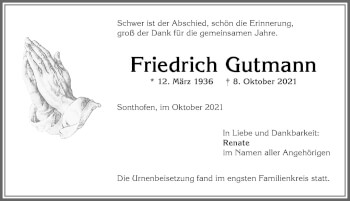 Traueranzeige von Friedrich Gutmann von Allgäuer Anzeigeblatt