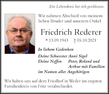 Traueranzeige von Friedrich Rederer von Der Westallgäuer