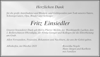 Traueranzeige von Fritz Einsiedler von Memminger Zeitung