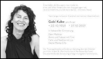 Traueranzeige von Gabi Kube von Allgäuer Zeitung, Marktoberdorf