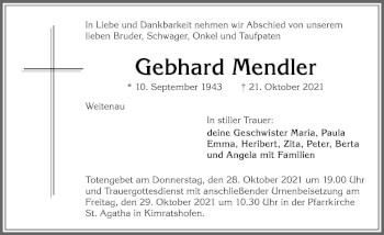 Traueranzeige von Gebhard Mendler von Allgäuer Zeitung,Kempten