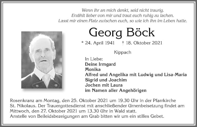  Traueranzeige für Georg Böck vom 23.10.2021 aus Allgäuer Zeitung, Marktoberdorf