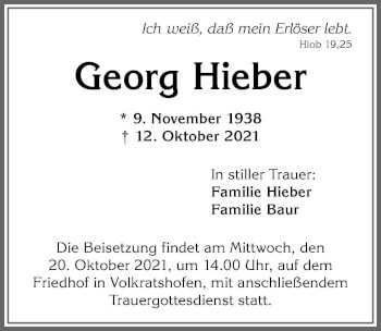 Traueranzeige von Georg Hieber von Memminger Zeitung