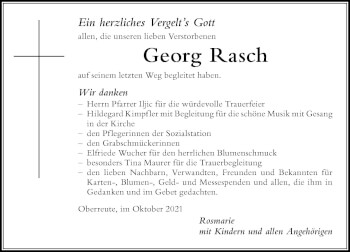 Traueranzeige von Georg Rasch von Der Westallgäuer