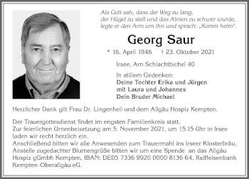 Traueranzeige von Georg Saur von Allgäuer Zeitung, Kaufbeuren/Buchloe